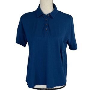 Style & Co Petite Medium Polo Top Short Sleeve Button Neck Lightweight Navy Blue